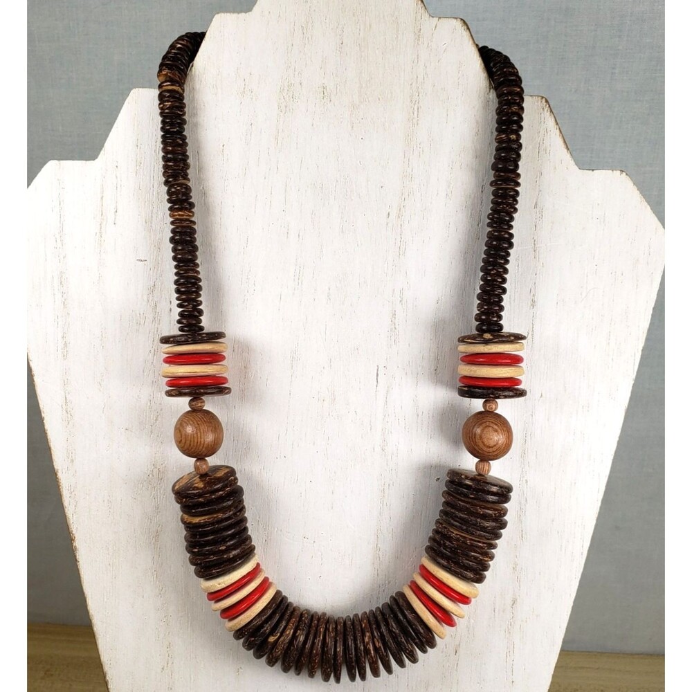 VTG Wooden 1980's Beaded African Tribal Style Statement Wood Beads 20" Necklace